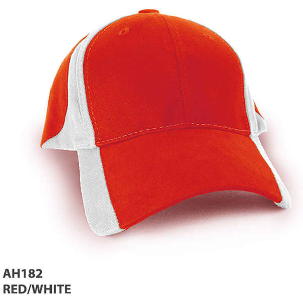 A red and white cap with a structured design and a logo on the front.