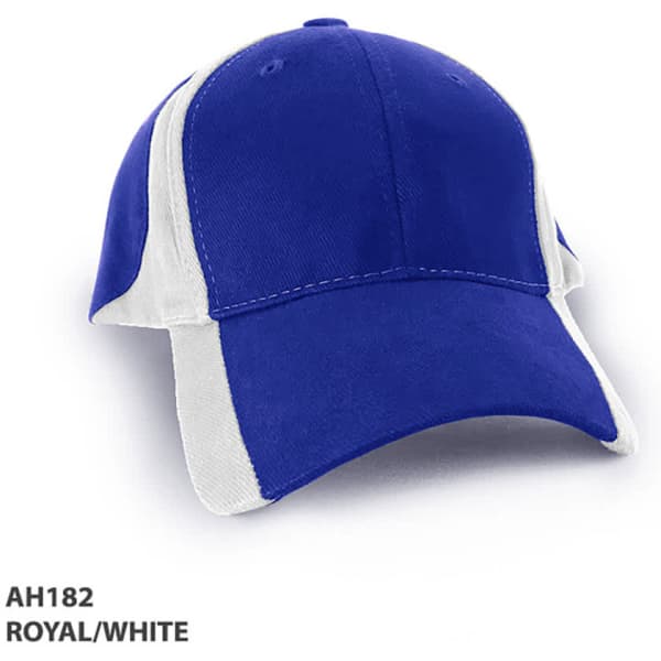 A royal blue and white cap with a structured design and a logo on the front.