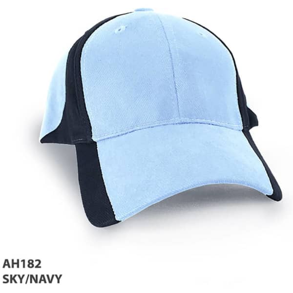 A blue and navy cap with a curved peak featuring a logo on the front.