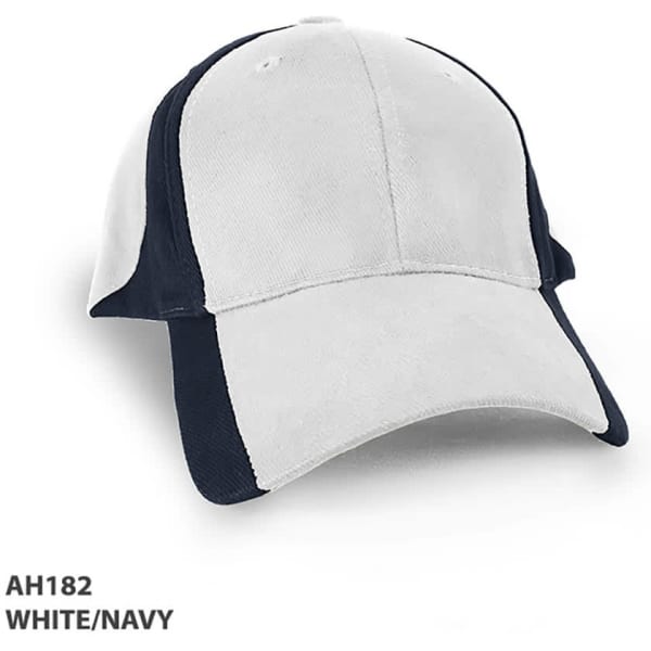 A white and navy cap with a structured design and a logo on the front.