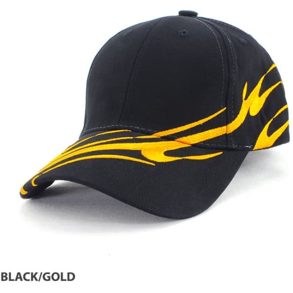 A black cap featuring a gold wave design and a logo. The cap has a curved peak and adjustable strap.
