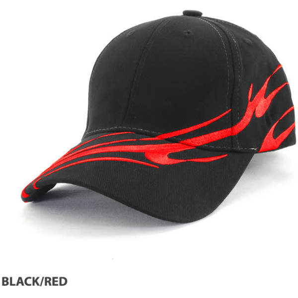 A black cap with a red wave design on the brim and a logo on the front.