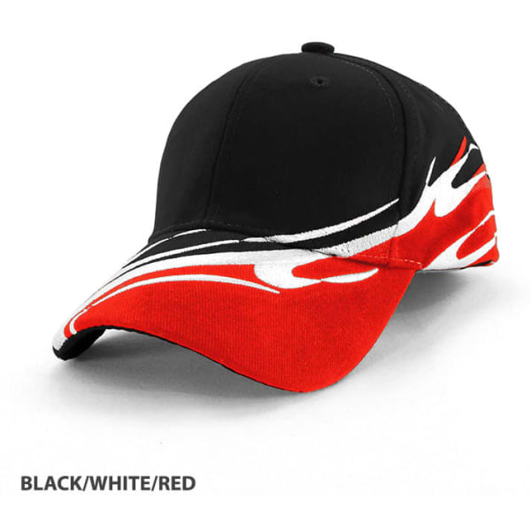 A black cap featuring a red and white wave design, with a logo on the side.