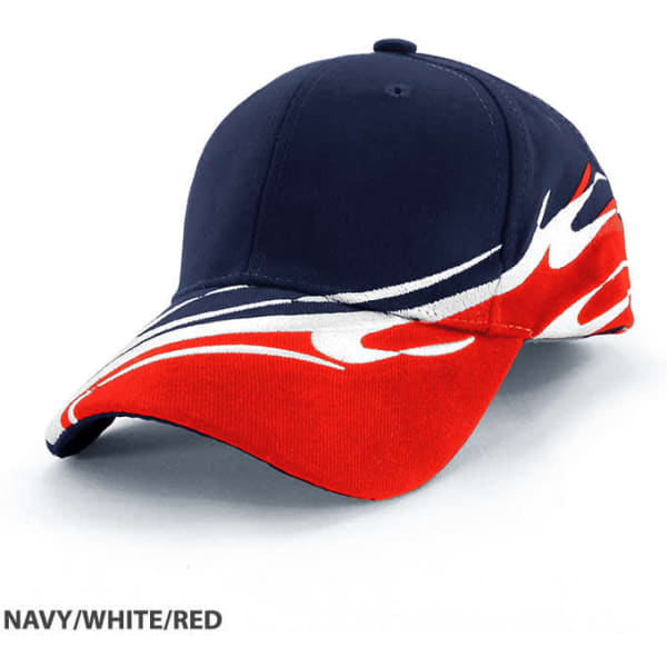 A navy, white, and red cap featuring a wave design and a branding logo on the front.