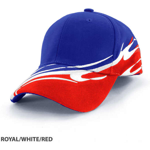A cap featuring a wave design in royal blue, white, and red, with a logo on the front.