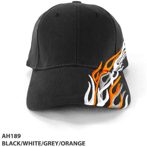 A cap in black with white, grey, and orange flame designs, featuring a logo on the front.