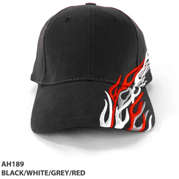 A black cap featuring flame designs in white and red, with a logo on the front.