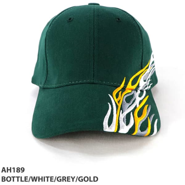 A green cap featuring flame embroidery in white, grey, and gold. The cap also has a logo on it.
