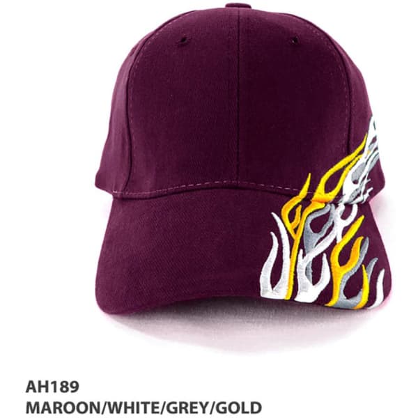 A maroon cap featuring flame graphics in white, grey, and gold, with a logo on the side.