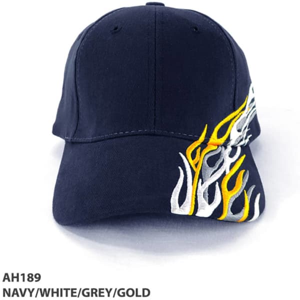 A navy cap featuring flame designs in white, grey, and gold, with a logo on the front.