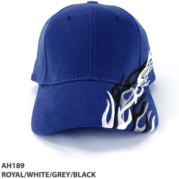 A blue cap featuring decorative flame designs in white, grey, and black, with branding on the side.