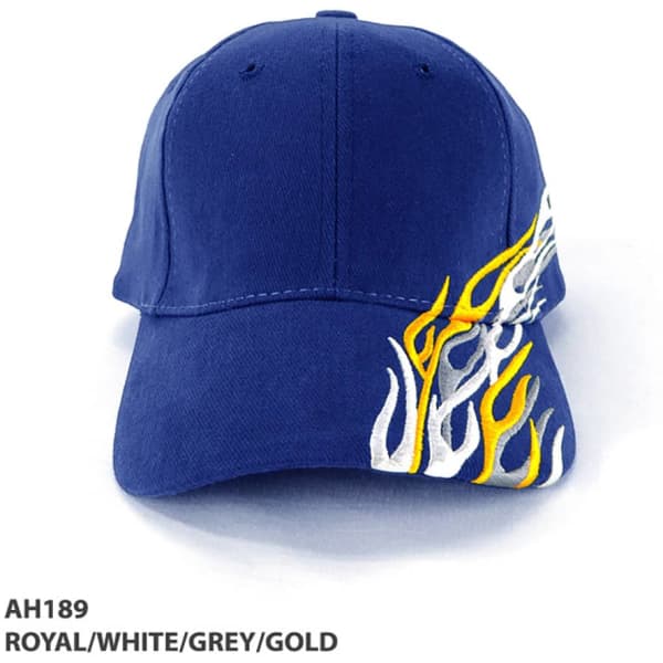 A blue cap featuring flame graphics in yellow and white, with grey accents and a logo on the side.