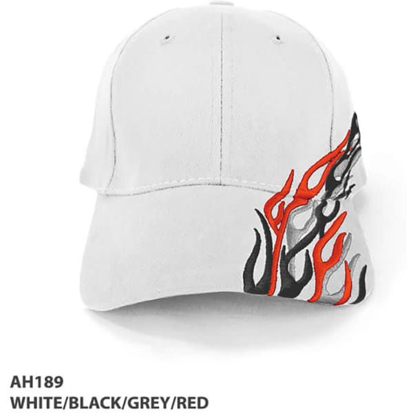 A cap in white with black, grey, and red flame designs. It features a logo on the front.