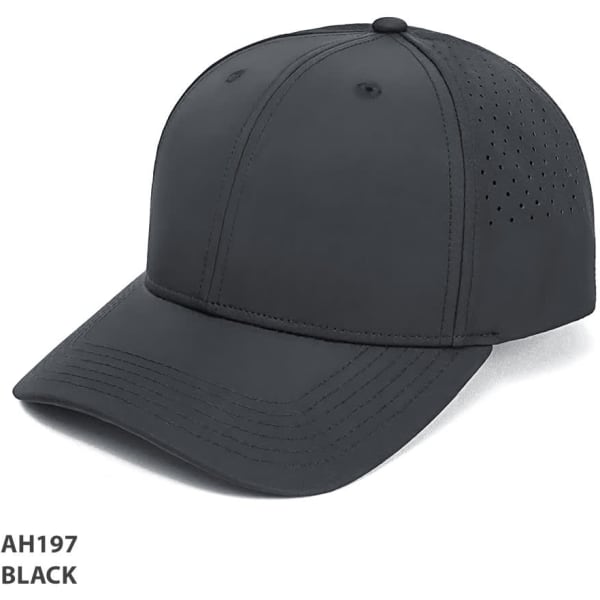 A black cap with a curved brim and perforated detailing, featuring a logo on the side.