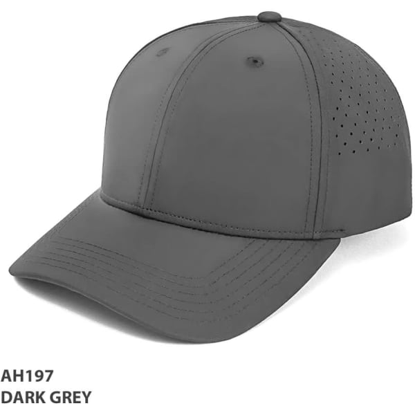 A dark grey cap featuring a curved brim and perforated design for ventilation. It includes a logo on the side.