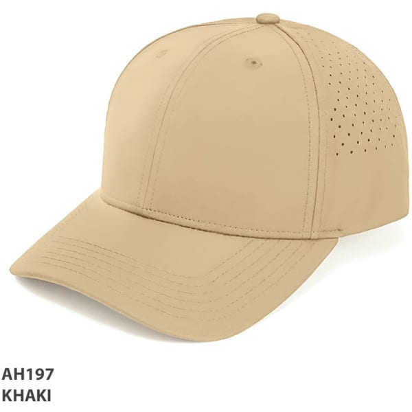 A khaki cap with ventilation holes and stitched details, featuring a curved brim and a logo on the side.