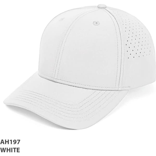 A white cap with a curved brim and perforated detailing, featuring a logo on the front.