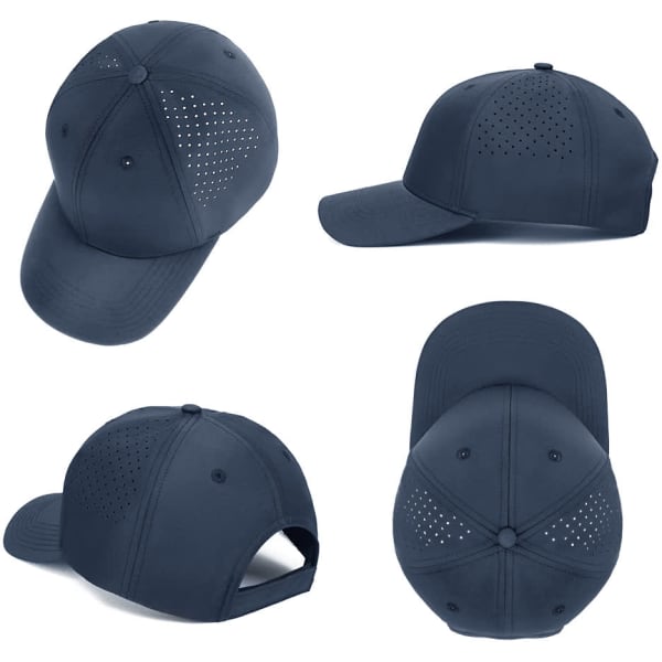 A navy cap featuring perforated detailing, with various angles displayed. It has a logo on the front.