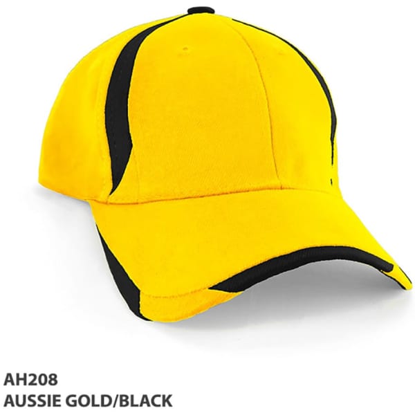 A yellow and black cap featuring a logo, designed for headwear.