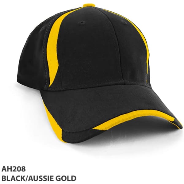 A black and yellow cap with a curved brim and a logo on the front.