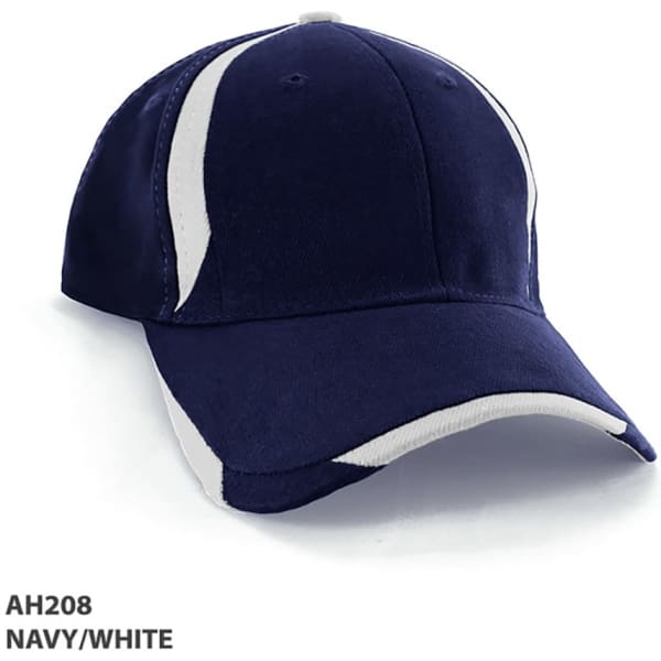 A navy and white cap with a sleek design, featuring a logo on the front.