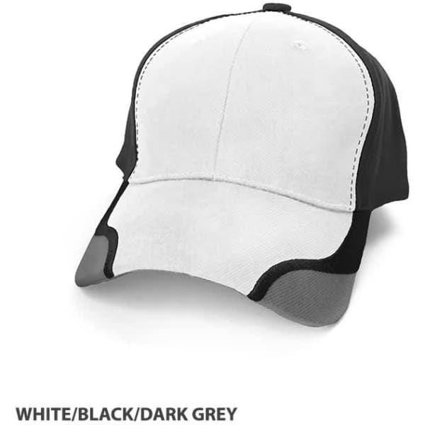 A cap featuring a white front and black and dark grey sides, with a logo on the front.