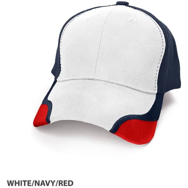 A white cap with navy and red accents, featuring a logo on the front.