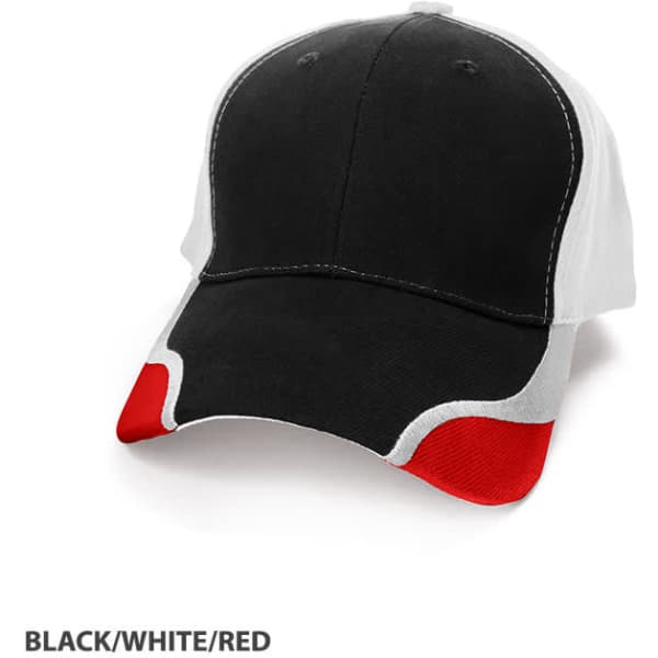 A black, white, and red cap with a curved design and a logo on the front.