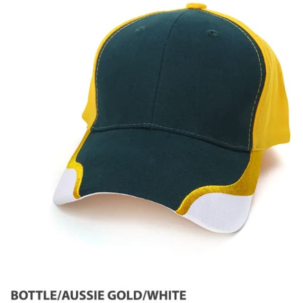 A cap in bottle green, Aussie gold, and white with a logo on the front.