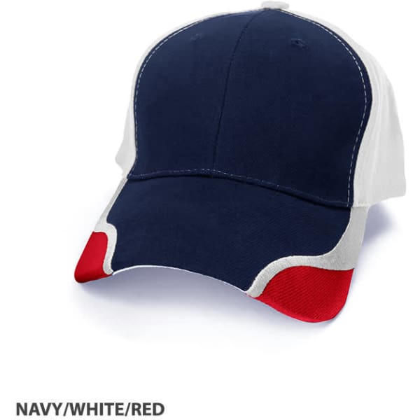 A navy, white, and red cap featuring a logo and contrasting colour accents.
