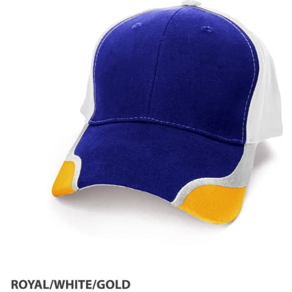 A cap featuring royal blue, white, and gold colours, with a sporty design and a logo.