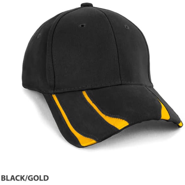 A black cap with gold accents and a logo. The design features sleek lines on the front.