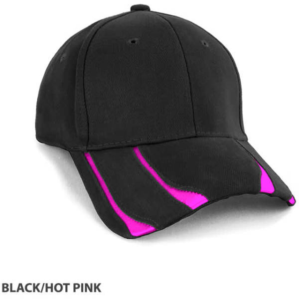 A black cap with hot pink accents and a logo, featuring a sporty design and curved brim.