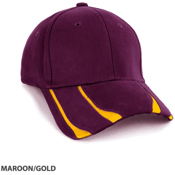 A maroon cap with gold accents and a logo on the front. It features a structured design and curved peak.