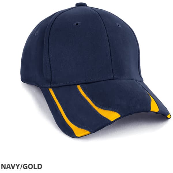 A navy cap featuring gold accents, designed with a sporty style and a logo on the front.