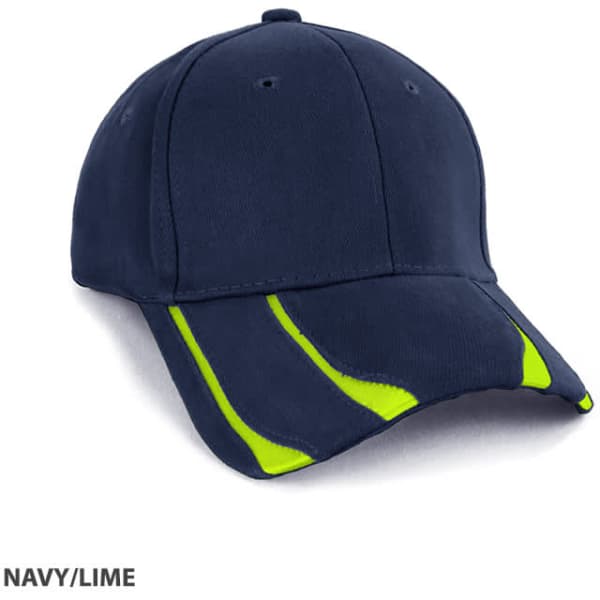 A navy cap with lime detailing and a logo on the front.