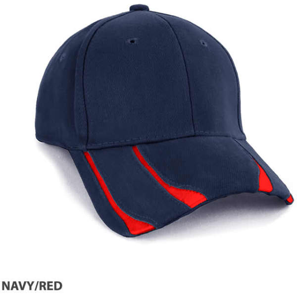 A navy and red cap featuring a branded logo and a sporty design.