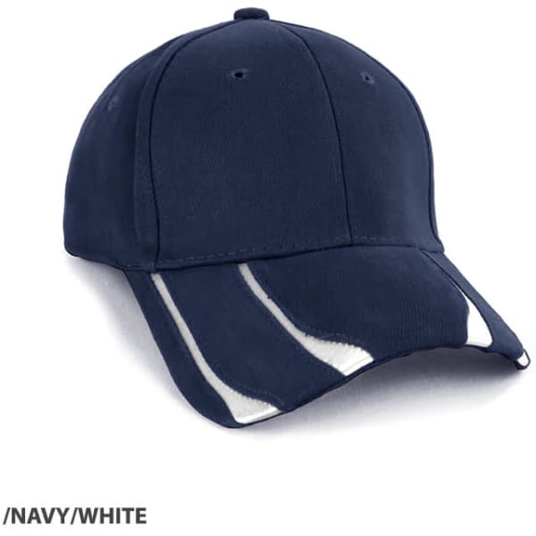 A navy cap featuring white stripes and a logo. It has a classic curved brim and six panels.