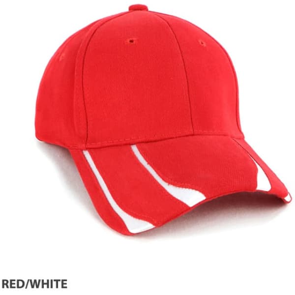 A red cap with white accents and a logo displayed on the front.