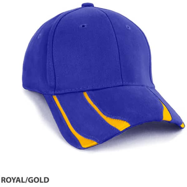 A royal blue cap with gold accents, featuring a logo on the front.