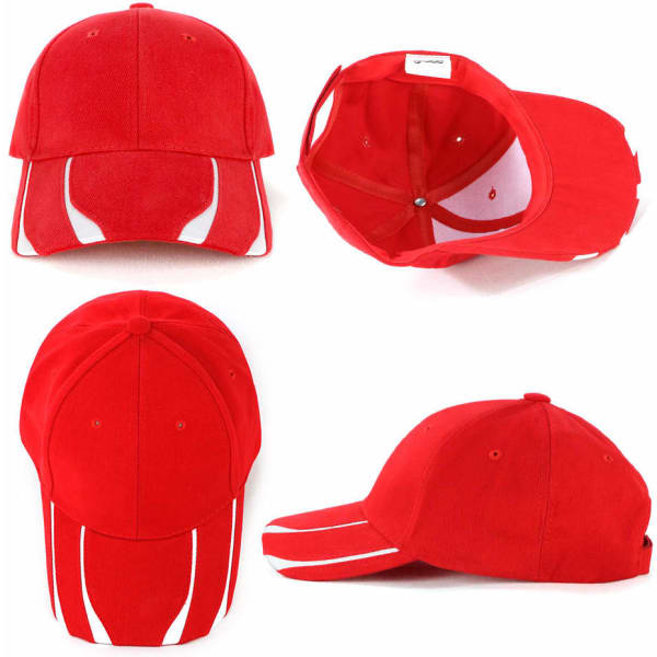 A red cap with a structured design, featuring white accents and a branded logo on the front.