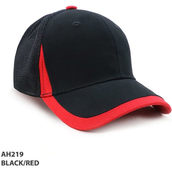 A black and red cap featuring a mesh back and a curved brim. It has a logo on the front.