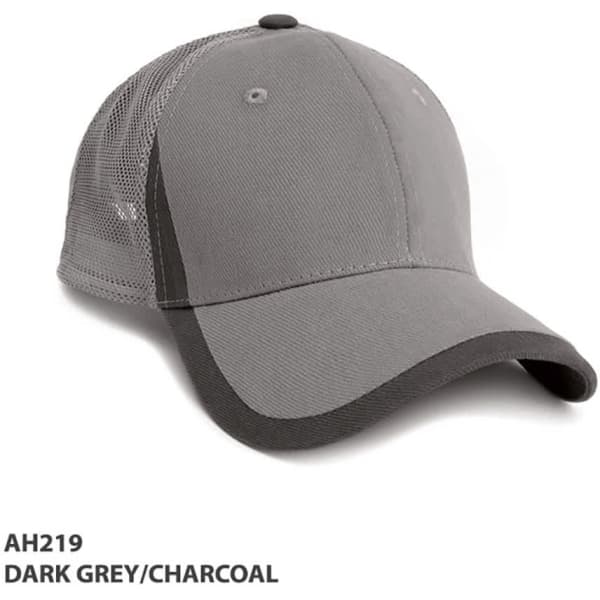 A cap in dark grey and charcoal with mesh panels and a rounded peak. It features a logo on the front.
