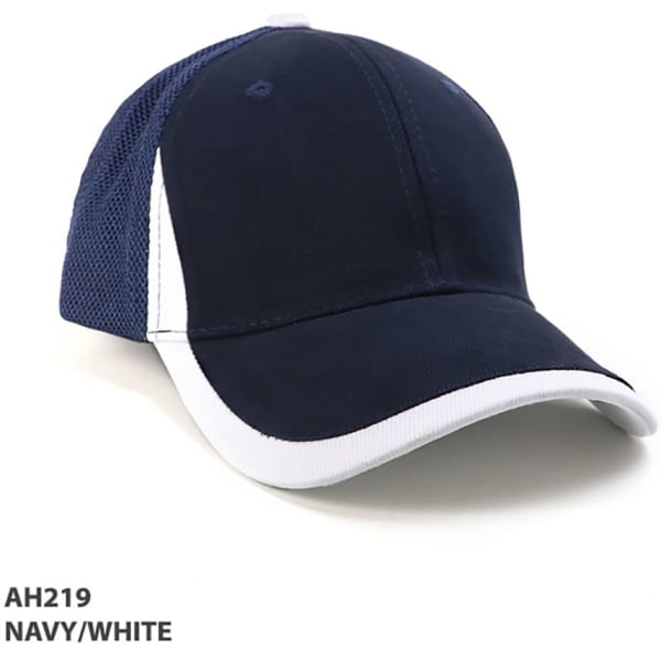 A navy and white cap with a mesh back and a curved peak, featuring a logo on the front.