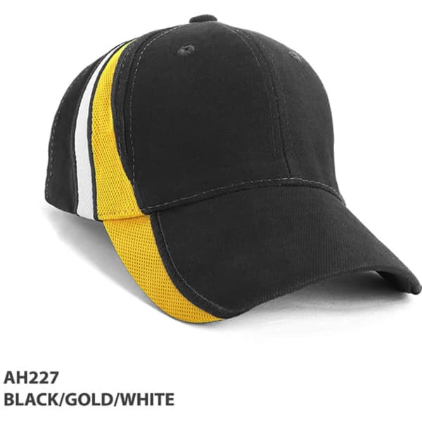 A black cap with gold and white mesh contrast sides, featuring a logo on the front.