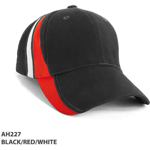 A black cap with red and white mesh contrast sides, featuring a curved brim and a logo.