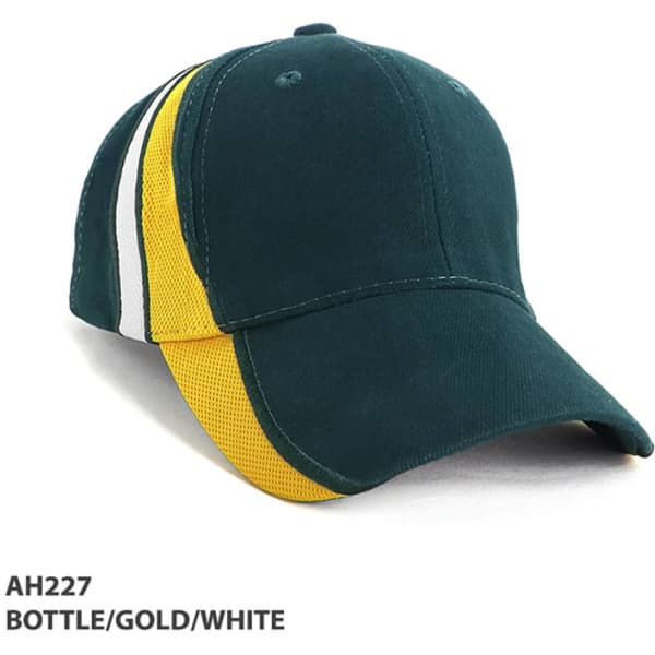 A cap featuring a bottle green main body with gold and white mesh contrast sides. Includes a logo.