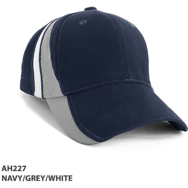 A navy, grey, and white cap featuring mesh contrast sides and a logo.