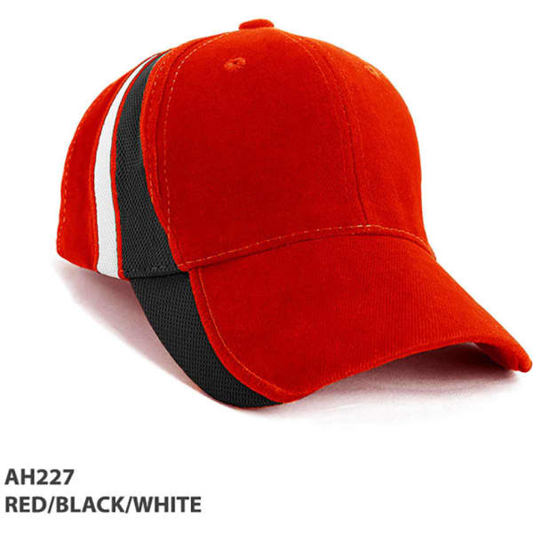 A cap with a red front and black mesh contrast sides, featuring white stripes. It has a logo on one side.