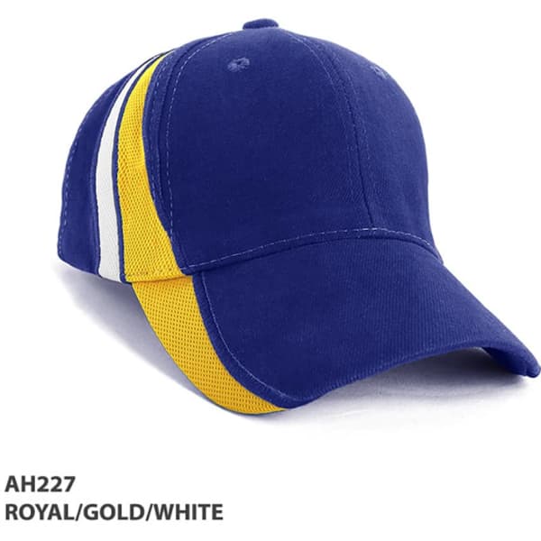 A royal blue cap with gold and white mesh contrast sides and a curved brim. It features a logo on the front.